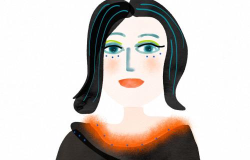 Porträt, Illustration, aufrechte Frau schwarze Haare und Kleid, durchsetzt mit orangefarbenen Flauschkanten und türkis-grünem Make-up