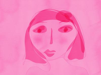 Illustration, Portraet, feminin, Skizze, dunkelpink auf hellrosa aus wenigen Flächen und mit haarfeinen Linien