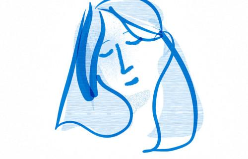 Skizze. Illustration, Portraet, feminin, mittelblaue Outlines, geneigeter Kopf, geschlossene Augen, schnelle, doch ruhige, klare Formen