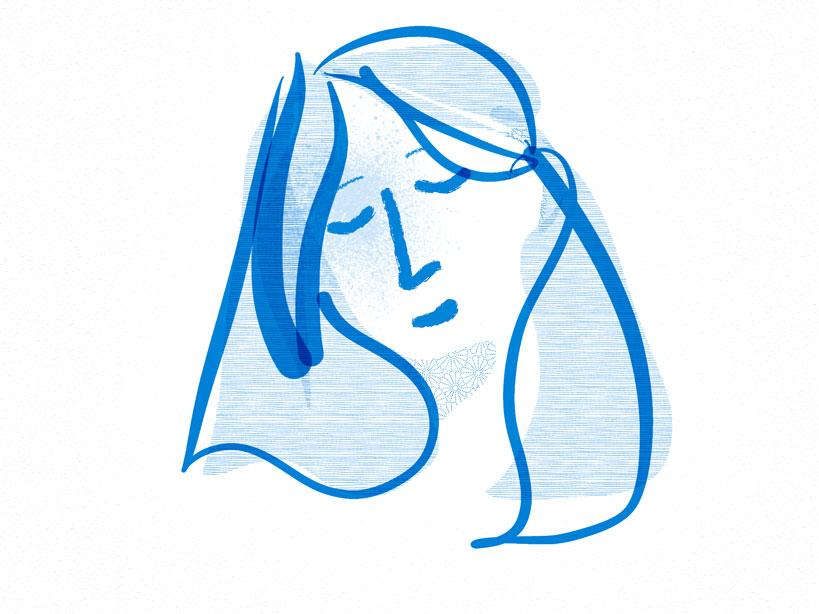 Skizze. Illustration, Portraet, feminin, mittelblaue Outlines, geneigeter Kopf, geschlossene Augen, schnelle, doch ruhige, klare Formen