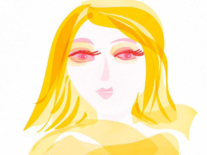 Illustration, Portraet, feminin, Honigblond, honiggelbe transparente Tücher fliegen vorne im Bild, pinkrosa Augen mit langen dunkelrosa Wimpern, Blick geht zur Seite