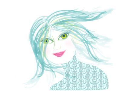 Poträt Meerfungfrau Illustration, Aquarell, hellblau grün, lächelnd und mit fließenden, wehenden Haaren