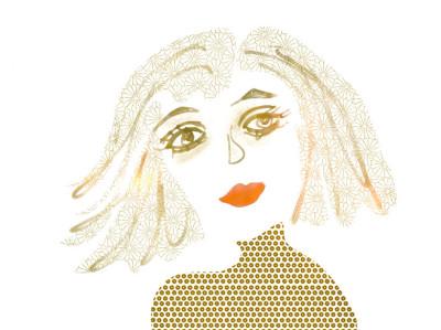 Skizze, Illustration, feminines Portraet, junge Frau, golden und im Licht strahlend mit roten Lippen.