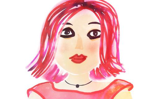 Porträt, Aquarell junge Frau mit pinken Haaren und pinkem Short schaut aus dunkel umrandeten Augen etwas belustigt nach oben