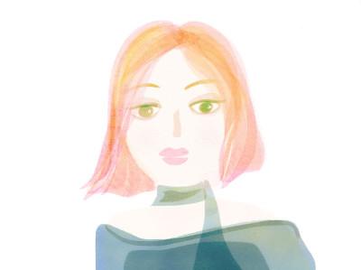Portraet, Illustration, feminin, zart und groß, Gruen-Blaues Shirt, transparenter Schal , grüne Augen und leuchtend oranges Haar.