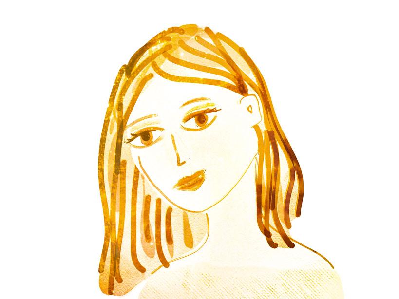 Portraet, Illustration, feminin, jung, goldgelb und braun, leuchtend