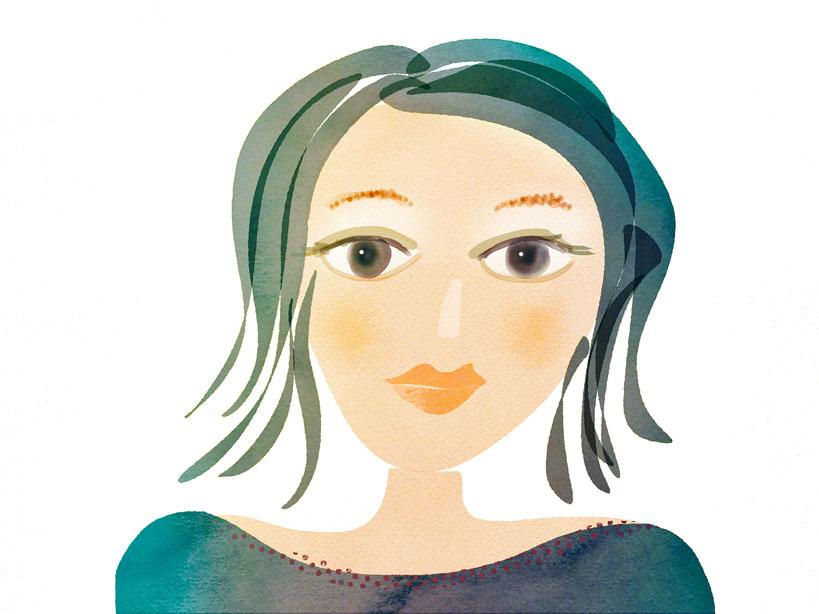Portraet, Illustration, feminin, Gruen-Tuerkis mit Lachs-orangen Lippen und grauen Augen